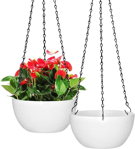 8 inch Hanging Planters for Indoor Outdoor Plants, 2 Pack Pots with Drainage Holes and Chain, Plastic Flower Pots for Garden Home Decor, White