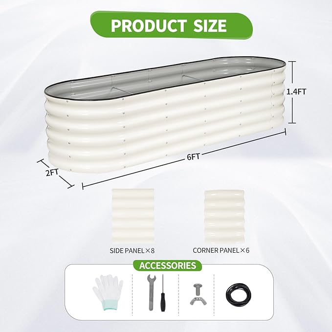 Permade Galvanized Raised Garden Bed - 6x2x1.4FT Metal Planter Boxes Outdoor | Oval Steel Raised Bed Kit for Gardening with Protective Tape, Gloves for Vegetables, Flower, Herb (White)
