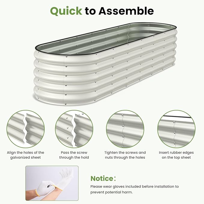 Galvanized Raised Garden Bed, 8x2x1.5 FT Oval Metal Planter Box for Outdoor, 18” Raised Beds for Gardening Vegetables Flower Herb(Pearl White)