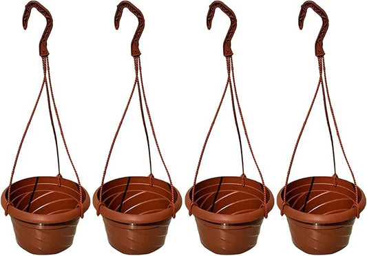VIDELLY 4 Pieces Plastic Hanging Planters, 5.9 in Dia x 3.54 in H, Flower Plant Basket Pots Chain Holder Garden Decoration for Indoor and Outdoor Use, Red
