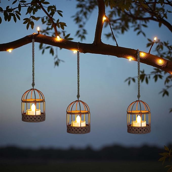 Solar-Hanging-Lanterns-Outdoor-Waterproof, Rust Birdcage Style Candle Holders with Flickering Solar Tea Lights for Backyard Patio Garden Fence Tree Decoration (3 Pack)