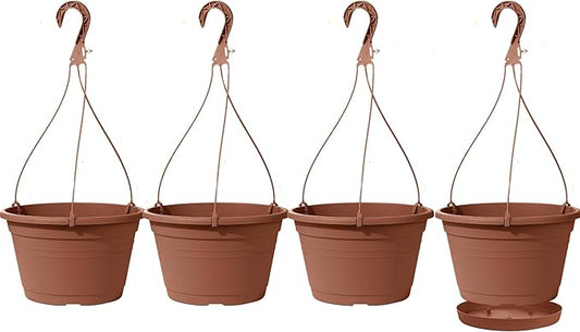 VIDELLY 4 Pcs Hanging Planters for Indoor Plants,10" Large Plastic Hanging Basket Pots with Drainage Trays & Chain Holder for Outdoor Indoor Plants Garden Balcony Decoration, Brown
