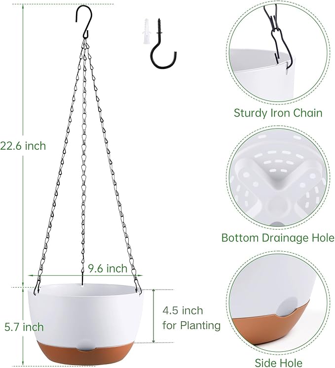 Set of 2 10 Inch Self Watering Hanging Planters for Indoor Outdoor Plants, Color Blocking Hanging Baskets Flower Pots with Drainage Hole & Removable Water-Storage Tray