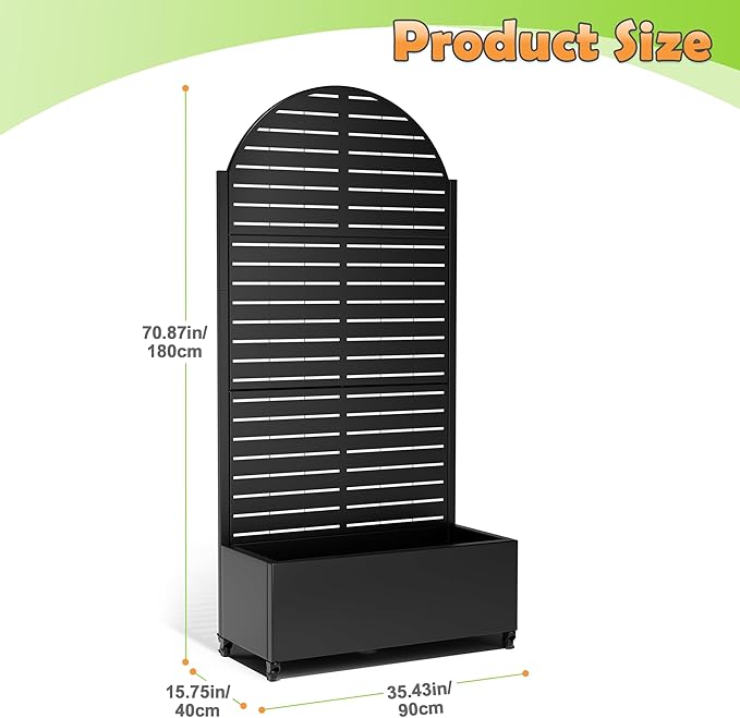 Metal Raised Garden Bed with Trellis, 2-in-1 Planter Box & Privacy Screen for Climbing Plants, Outdoor Standing Flower Bed with Drainage Holes, 35.4" L x 15.7" W x 70.1" H, Black-Louvered