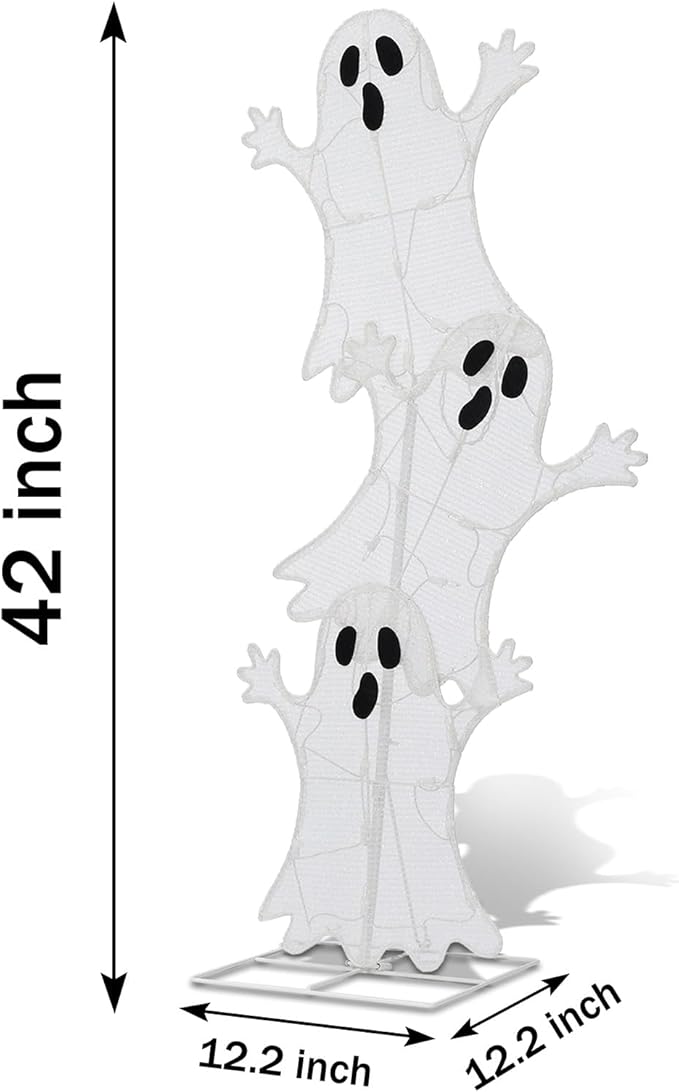 Halloween Lighted 3 Stacked Ghosts, 42’’ H Pre-Lit Lighted Ghosts with 50 Warm White Lights, Light Up Halloween Ghost Decoration for Indoor, Outdoor, Porch, Yard, Holiday Decor