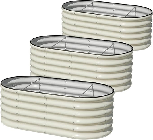 SnugNiture 3 Pcs 4x2x1.5ft Raised Garden Bed Outdoor, 17" Tall Galvanized Metal Planter Box, Oval Raised Garden Bed Kit for Planting Vegetables Plants Fruits, Beige White