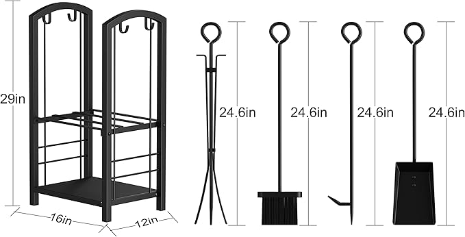 Fire Beauty Fireplace Firewood Log Rack 5-Piece Storage Logs Holder with Tools Set with 4 Tools Set Fireside Holders Wood Lumber Storage Stacking Black