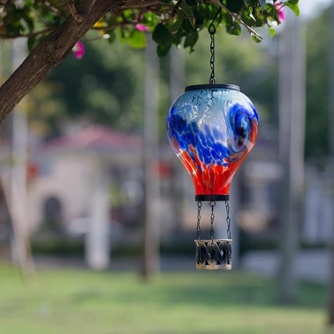 Starsoul Unique Hot Air Balloon Solar Lantern Glass Outdoor Hot Air Balloon Solar Flickering Flame Light Waterproof Hanging Lantern with Big Basket for Garden Yard Patio Decor