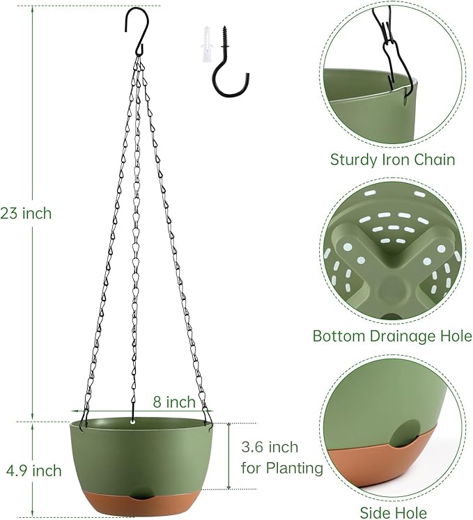 Set of 2 8 Inch Self Watering Hanging Planters for Indoor Outdoor Plants, Color Blocking Hanging Baskets Flower Pots with Drainage Hole & Removable Water-Storage Tray