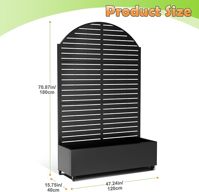 Metal Raised Garden Bed with Trellis, 2-in-1 Planter Box & Privacy Screen for Climbing Plants, Outdoor Standing Flower Bed with Drainage Holes, 47.2" L x 16.7" W x 70.8" H, Black-Louvered