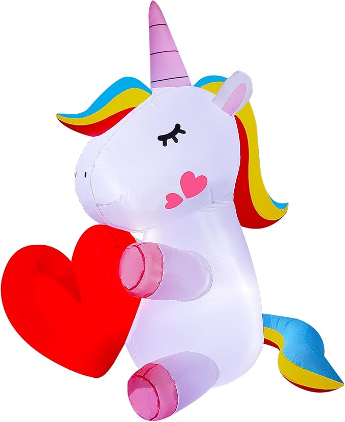 Lulu Home Lighted Yard Decorations, 5 FT Large Inflatable Light Up Unicorn Holding A Red Heart, Valentines' Day Blow Up Adorable Rainbow Colorful Unicorn Outdoor Indoor Party Display Decor