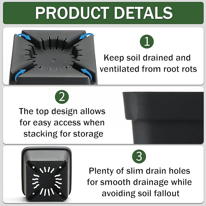 BTPLASTIK Square Nursery Pots 5.5 Inch, 50Pcs Plastic Sturdy Reusable Seedling Pots with Drainage Holes, Garden Flower Planters for Indoor/Outdoor, Transplanting, Succulents, Cuttings, Black