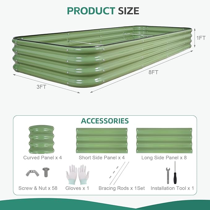 5 in 1Galvanized Raised Garden Bed - 8x3x1ft Modular Garden Planter Bed Outdoor | Steel Raised Bed Kit with Bracing Rods, Gloves for Gardening Vegetables Fruits and Flowers (Green)