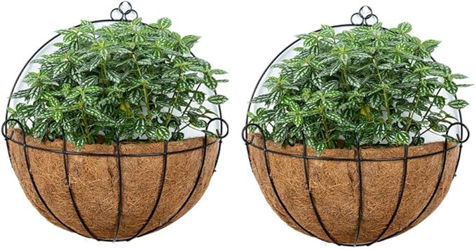NUPTIO 2 Pcs 14 Inch Hanging Planters for Indoor Wall Planter Pots with Coconut Liners Wire Large Garden Artificial Faux Flowers Basket for Summer Outdoor Outside Fence Decoration