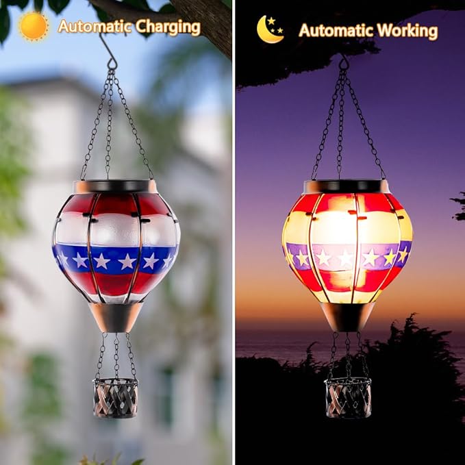 DREAMSOUL Flag Solar Hot Air Balloon Lantern with Flame, Hanging Solar Lanterns Outdoor Waterproof Glass Lantern Flag Day for Patio Decor, Fourth of July Decorations