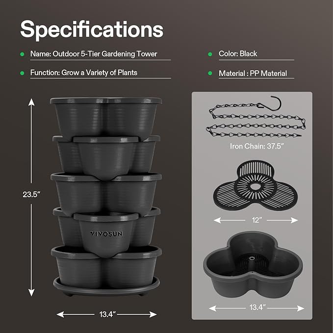 VIVOSUN 5 Tier Vertical Gardening Stackable Planter for Strawberries, Flowers, Herbs, Vegetables, Black