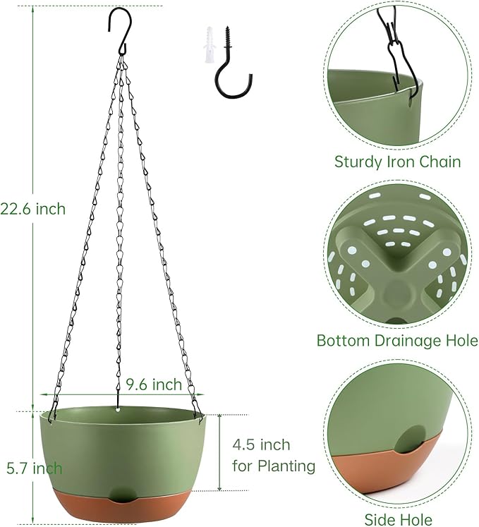 Set of 2 10 Inch Self Watering Hanging Planters for Indoor Outdoor Plants, Color Blocking Hanging Baskets Flower Pots with Drainage Hole & Removable Water-Storage Tray