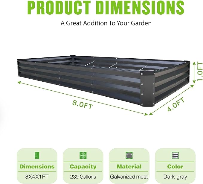 GrowHaus 8x4x1FT Galvanized Raised Garden Bed, Planter Boxes Outdoor Large Metal Garden Beds for Planting Vegetables Flowers Herbs Rectangle Dark Gray