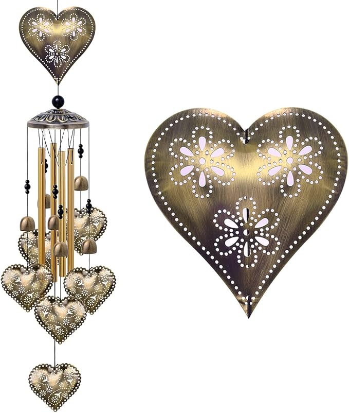 Garden Loving Heart Wind Chimes Outdoor Indoor Decor - with 4 Tubes 6 Bells 7 Hearts Mobile Romantic Wind Catcher, Heart Shaped Windchimes for Home, Mom Gifts, Balcony, Festival, Garden Decoration
