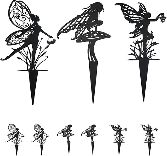 Decorative Garden Stakes，Fairy Garden Stakes Statues Metal Weather Resistant 3 Piece Outdoor Decorative Set Black (9 Pack A)