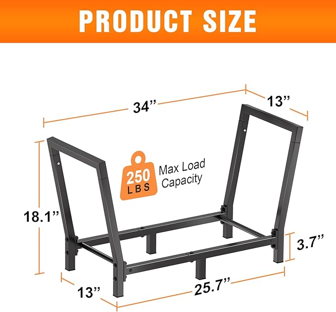 Minicloss 34 Inch Firewood Rack Outdoor Indoor, 2.7ft Wood Storage Rack Stand, Heavy Duty Fire Wood Holder for Fireplace（Black）