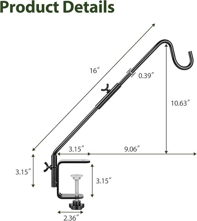 BOLITE Heavy Duty Deck Hook, 16 Inch Bird Feeder Hanger for Hummingbird Feeders, Planters, Lanterns, Wind Chimes, 360° Rotatable Arm, Black, Birthday Gifts for Women Men, Gifts for Mom Dad