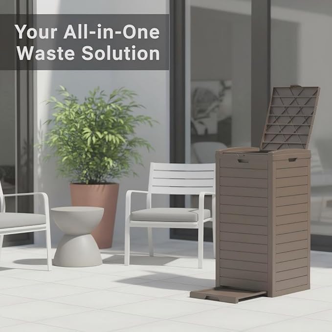 31 Gallon Resin Trash Can Cabinet with Lid & Drip Tray - Waterproof Outdoor Garbage Bin for Patio, Kitchen, Yard, and Entertaining Areas - Easy Assembly, No Tools Required