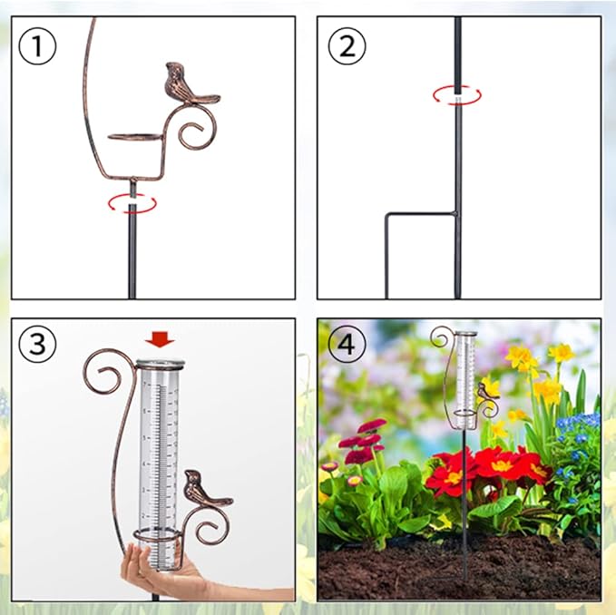Rain Gauge Outdoor,7" Glass Rain Gauge with Metal Stake, Decorative Bird Rain Gauge for Yard Garden Lawn Decor