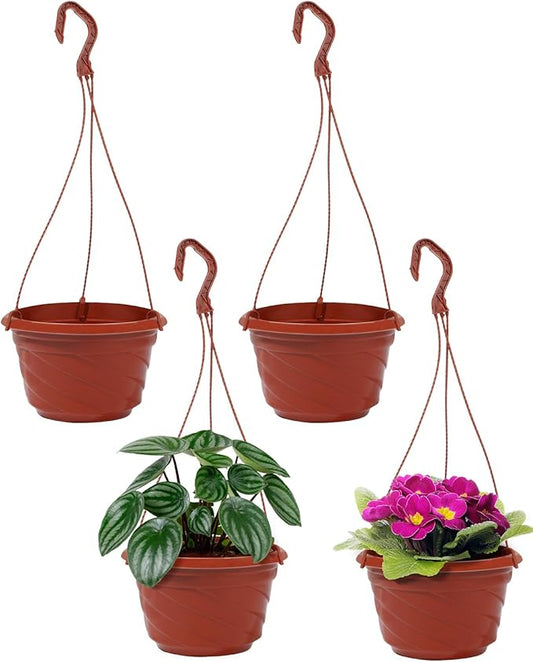 7inch Hanging Planters for Indoor Outdoor Plants,4 Pieces Plastic Hanging Flower Pots Chain Holder Garden Decoration,Round Plastic Hanging Baskets for Garden Porch Plants (Red)