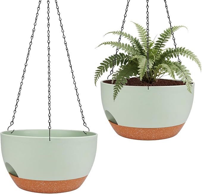 Hanging Planters for Outdoor Indoor Plants, 2 Pack 12 Inch Hanging Basket Plants Outdoor, Self Watering Hanging Planter with Plant Hanger for Garden Home Decoration (Green, 10 inch)