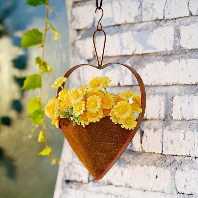 Metal Plant Hanger Outdoor & Indoor - Heart-Shaped Rustic Hanging Planter with Hook for Garden, Window, Wall