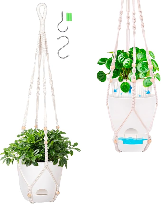 2-Pack 5.7-Inch Self-Watering Hanging Planters for Indoor & Outdoor Plants,34Inch Macrame Hanger Plant Pots Indoor with Drainage,Small Hanging Planters & Baskets,With Two Sets of Hooks（Pure white）