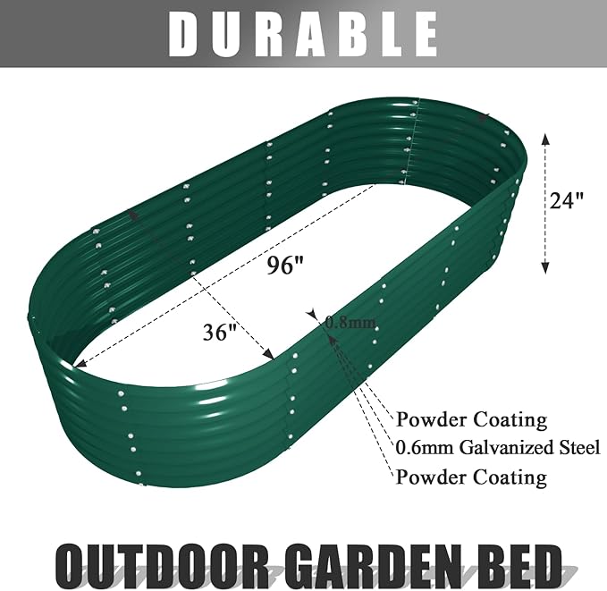 2 Pack 8x3x2FT Galvanized Raised Garden Bed Kit Oval Metal Ground Planter Box Outdoor Bottomless Planter Raised Beds for Vegetables Flowers Herbs Fruits, Green