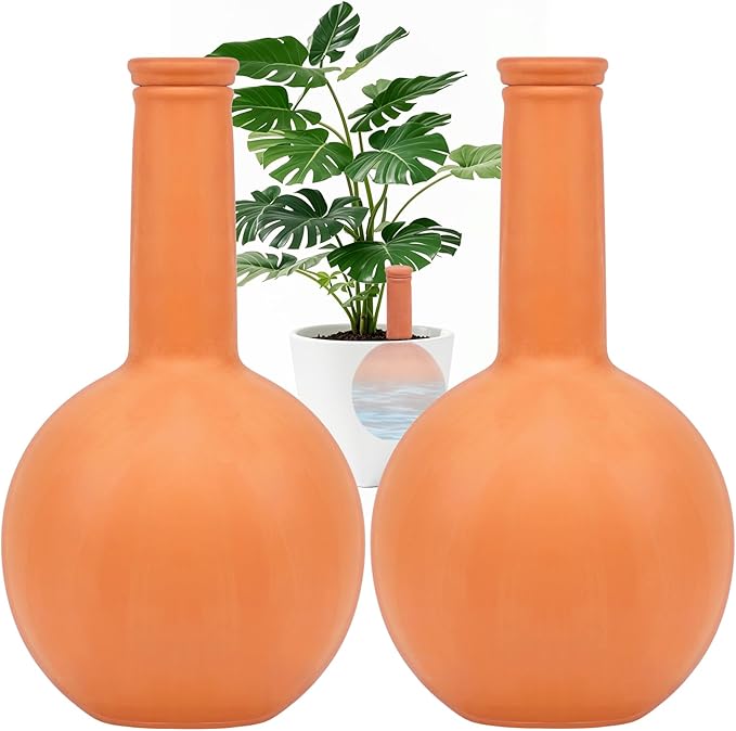 30 Oz Ollas Terracotta Watering Pots Large, Plant Watering Globes, Self-Watering Device, Terracotta Clay Watering Pot with Lid, Refill 2 Week Auto Irrigation System for Indoor & Outdoor Plant(2 Packs)
