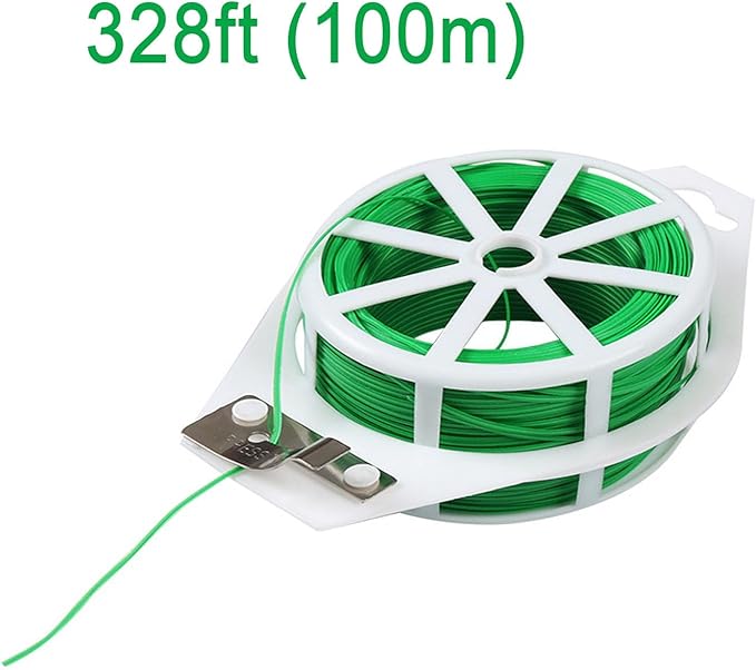 Wentwos Green Garden Plant Ties,328FT/100m Wire,Sturdy Plant Ties with Cutter for Gardening Plants Growth and Care,Plant Garden Twine Wires for Office Home Cable Organization