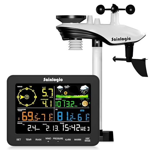 Sainlogic Weather Stations Wireless Indoor Outdoor SA6, Weather Station with Rain Gauge and Wind Speed, Weather Forecast, Temperature, Air Pressure, Humidity, Moon Phase, Alarm Clock(No WiFi)