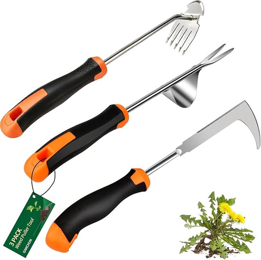 2025 Weed Puller Tool, 3 Pack New Garden Stainless Steel Weeder Tool Hand Weeder Tool,Multi-Purpose Weed Remover Tool Weeding Tools for Gardening(Rubber Handle)