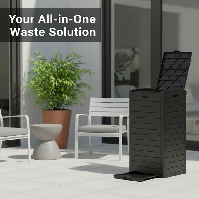31 Gallon Resin Trash Can Cabinet with Lid & Drip Tray - Waterproof Outdoor Garbage Bin for Patio, Kitchen, Yard, and Entertaining Areas - Easy Assembly, No Tools Required