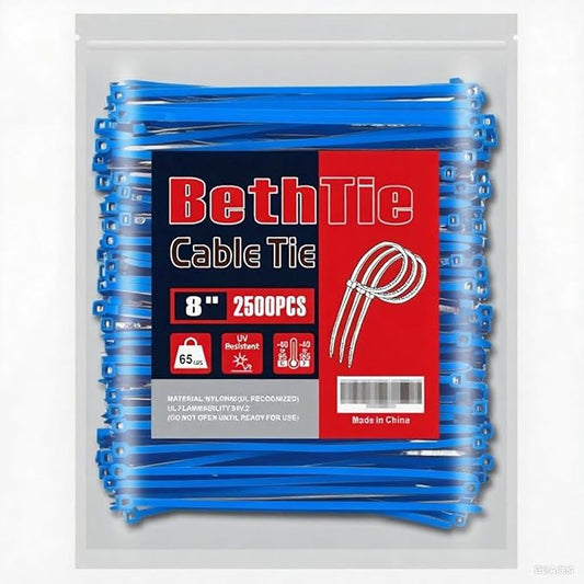 8 Inch Blue Zip Ties (2500 Pack), 65 LBS Tensile Strength, Self-Locking Nylon PA66 UV Resistant Cable Ties for Indoor and Outdoor Use