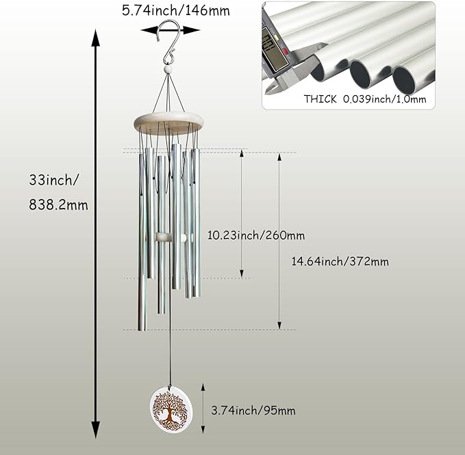 Wind Chimes Outdoors,33" WindChimes for Loss of Loved One,Memorial/Sympathy Gifts for Mother/Unisex/Father,Tree of Life Wind Chimes for Outside Zen Garden Home Yard Decoration (Silver)