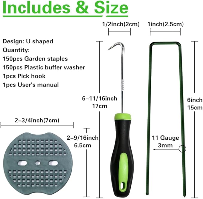 Bakulyor 150pcs Green Artificial Turf Stakes Staples + 150pcs Buffer Washer, 6 Inch 11 Gauge Landscape Staples, Galvanized Lawn Spikes, Heavy Duty Yard Ground Pin for Grass Weed Barrier Sod Fabric