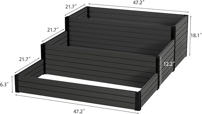 Elevated Wooden Raised Garden Planter - 3-Tier Outdoor Flower & Vegetable Box for Patio, Backyard, or Garden - Durable, Weather-Resistant Design - 47.2" x 21.7" x 18.1" (Black)