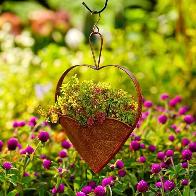 Metal Plant Hanger Outdoor & Indoor - Heart-Shaped Rustic Hanging Planter with Hook for Garden, Window, Wall