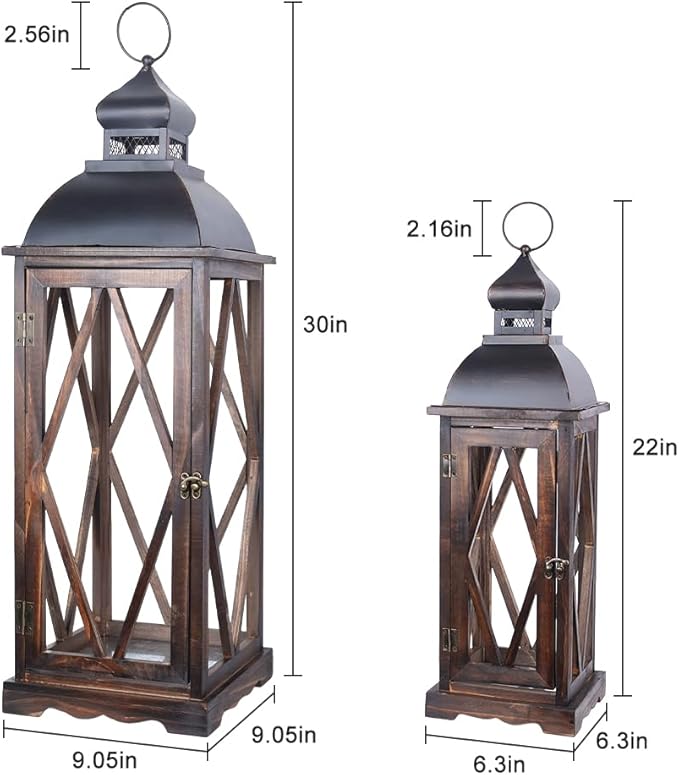 DECORKEY Large Farmhouse Wooden Metal Lantern Set of 2, 30''/22'' H Rustic Decorative Indoor & Outdoor Hanging Candle Lanterns, Wooden Outdoor Lanterns for Patio Front Porch Table, Brown
