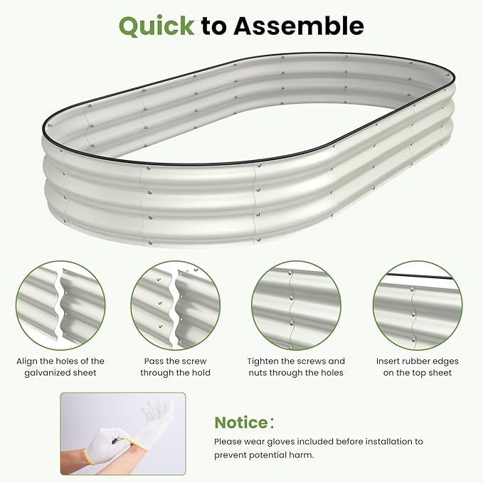 Galvanized Raised Garden Bed, 8x4x1 FT Oval Metal Planter Box for Outdoor, 12” Raised Beds for Gardening Vegetables Flower Herb(Pearl White)