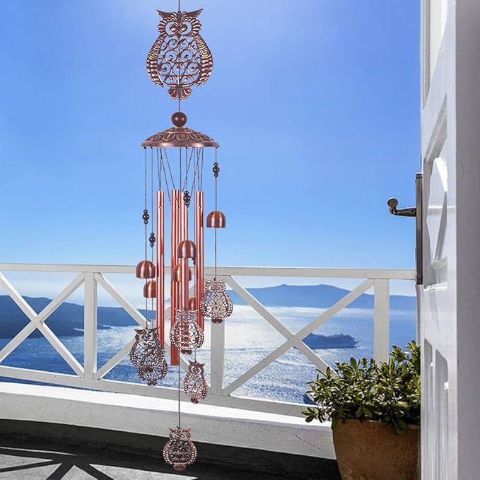 Owl Wind Chimes Outdoor Indoor Decor -with 4 Aluminum Tubes 6 Bells 7 Owls 37Inch Waterproof Mobile Romantic Wind Catcher Owl Windchimes for Home, Xmas Mom Gifts, Balcony, Festival, Garden Decoration