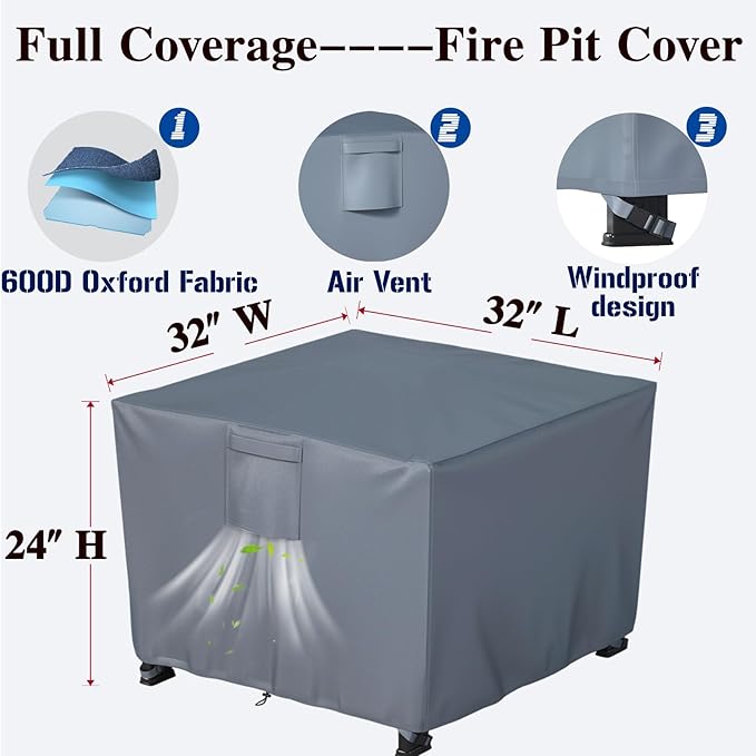 Chinchilla Heavy Duty 32 Inch Square Fire Pit Cover - 100% Waterproof & Weatherproof, Durable All-Season Protection for 29/30/31/32 Inch Propane Fire Pits and Tables