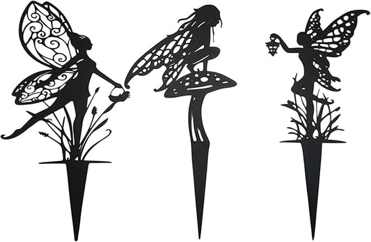 Decorative Garden Stakes Fairy Garden Statues Metal Weather Resistant 3 Piece Outdoor Decorative Set Black