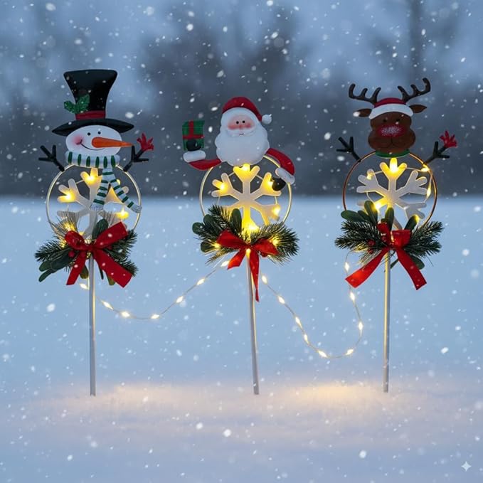 Christmas Yard Stakes Solar with Metal Santa, Snowman & Reindeer Set of 3, Christmas Grave Decorations with Solar String Lights for Outdoor Cemetery, Garden, Pathway, Porch