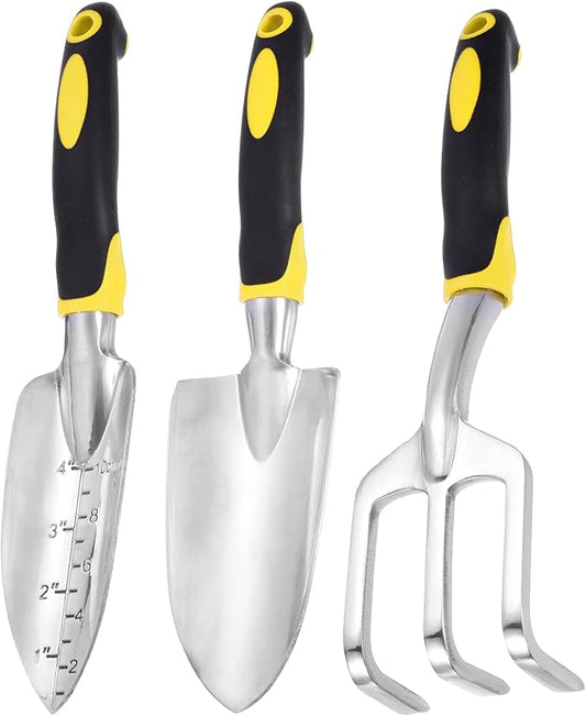 HARFINGTON 3pcs Garden Tools Set Metal Garden Hand Shovels and Hand Rake Tools Kit for Gardening Planting Weeding, Yellow